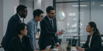 Navigating 2025 ACA Mandates: 3 Key Compliance Updates for Employers Professionals analyzing healthcare policy data on a screen, symbolizing 2025 ACA compliance planning for employers.