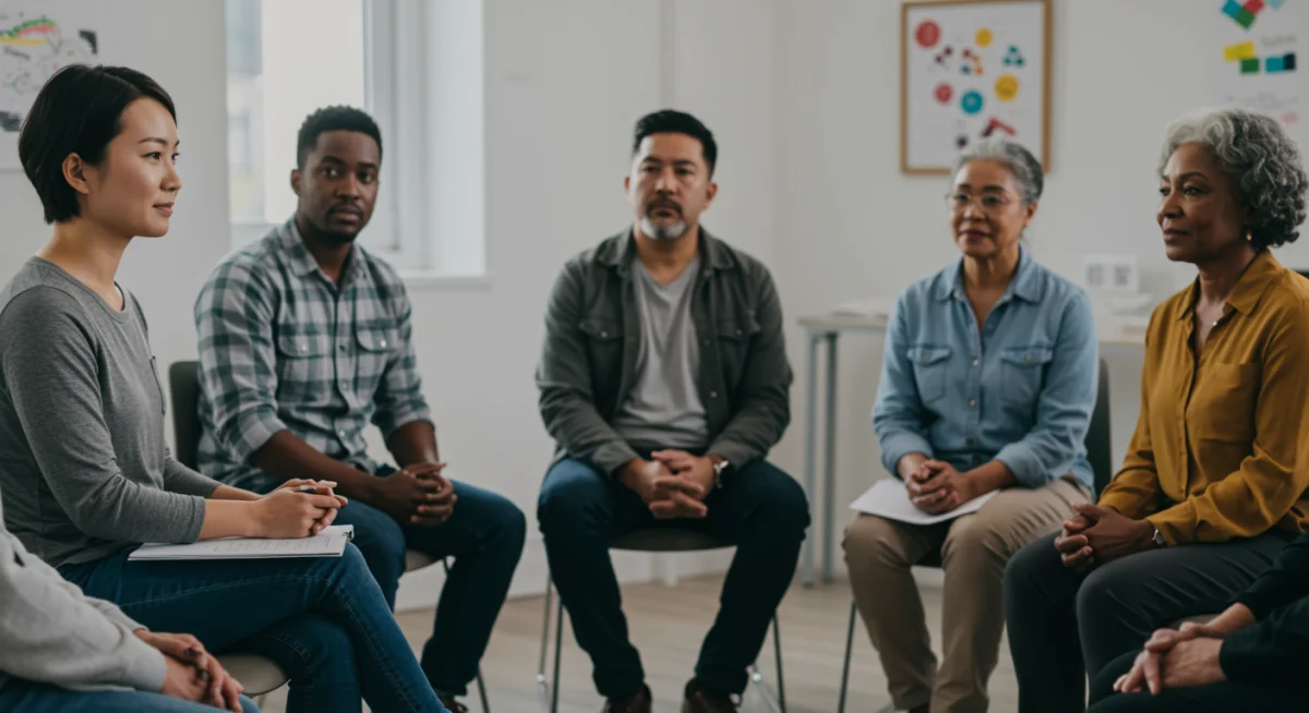 Support group meeting for addiction recovery, fostering connection and shared experience