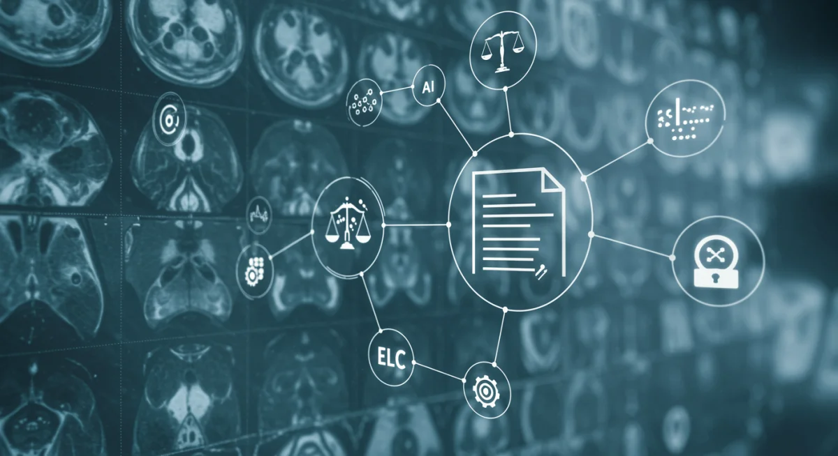 Interconnected legal documents and ethical symbols representing AI healthcare frameworks