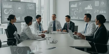 Healthcare professionals and policymakers discussing AI regulations in a conference room