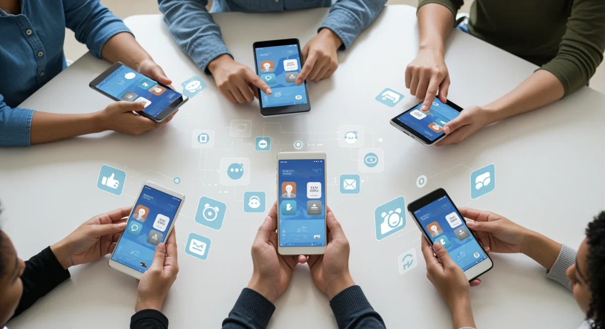 Diverse users interacting with AI mental health apps, emphasizing data privacy