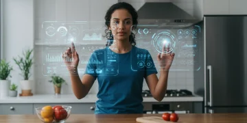 Personalized Nutrition: AI-Driven Dietary Plans Evolving in the US by 2025 Woman interacting with AI personalized nutrition plan on holographic screen