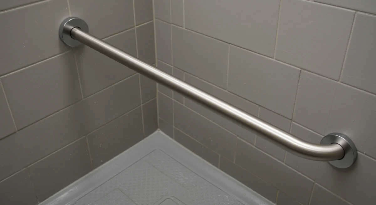 Grab bar and non-slip strips in a senior-friendly shower