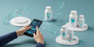 Futuristic biohacker analyzing personal health data on a holographic interface, symbolizing advanced wellness trends.