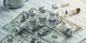 Vials of biosimilar drugs against a backdrop of US dollars and policy documents, representing 2025 adoption.
