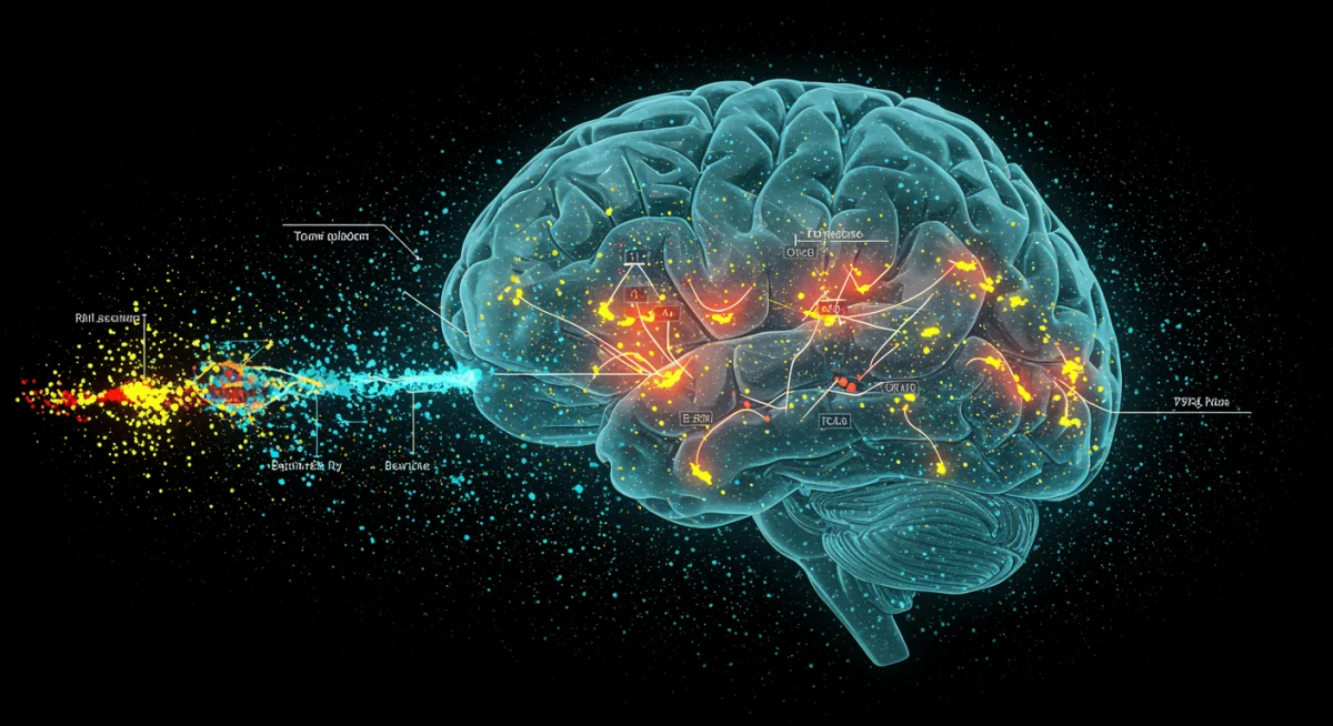 Abstract representation of brain activity and neural changes influenced by advanced PTSD therapies.