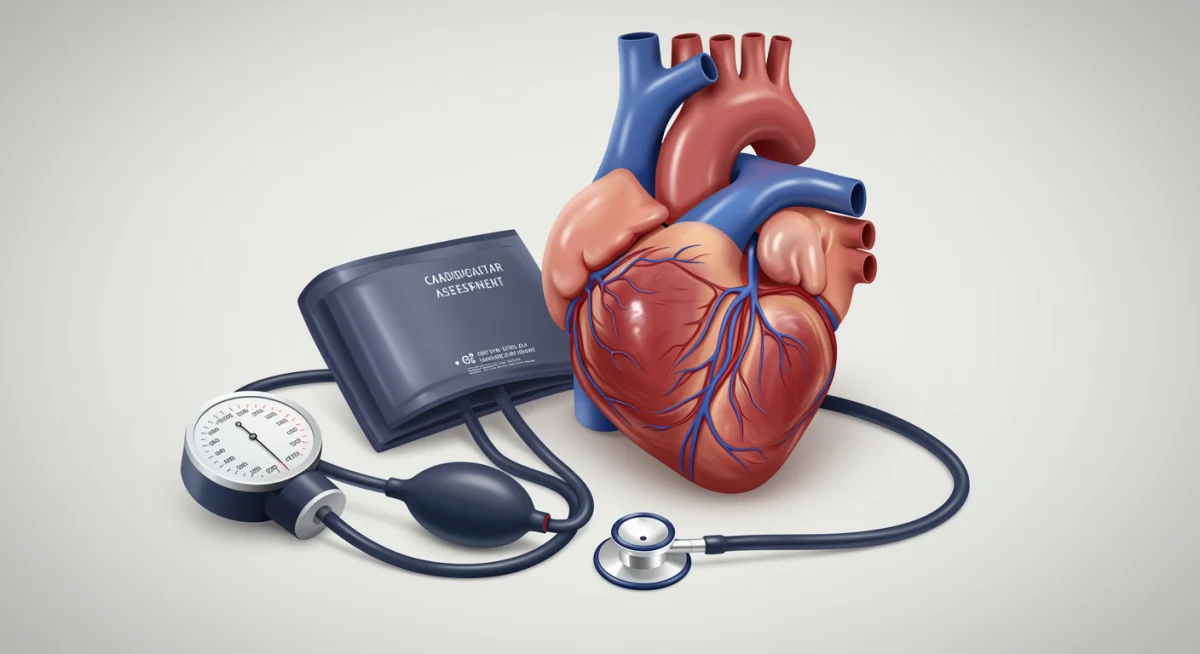 Illustration of heart and blood pressure cuff for cardiovascular health assessment