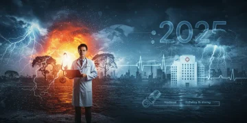 Conceptual image of climate change impacting healthcare policy, with environmental and medical symbols.