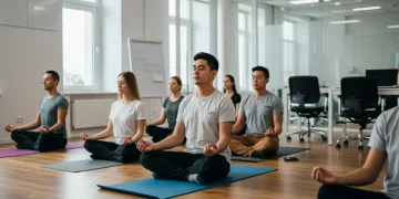 Professionals meditating in a modern office for stress reduction
