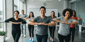 Workplace Wellness Strategies: Boosting US Employee Health & Morale Employees participating in a corporate wellness program, highlighting improved health and morale in the workplace.