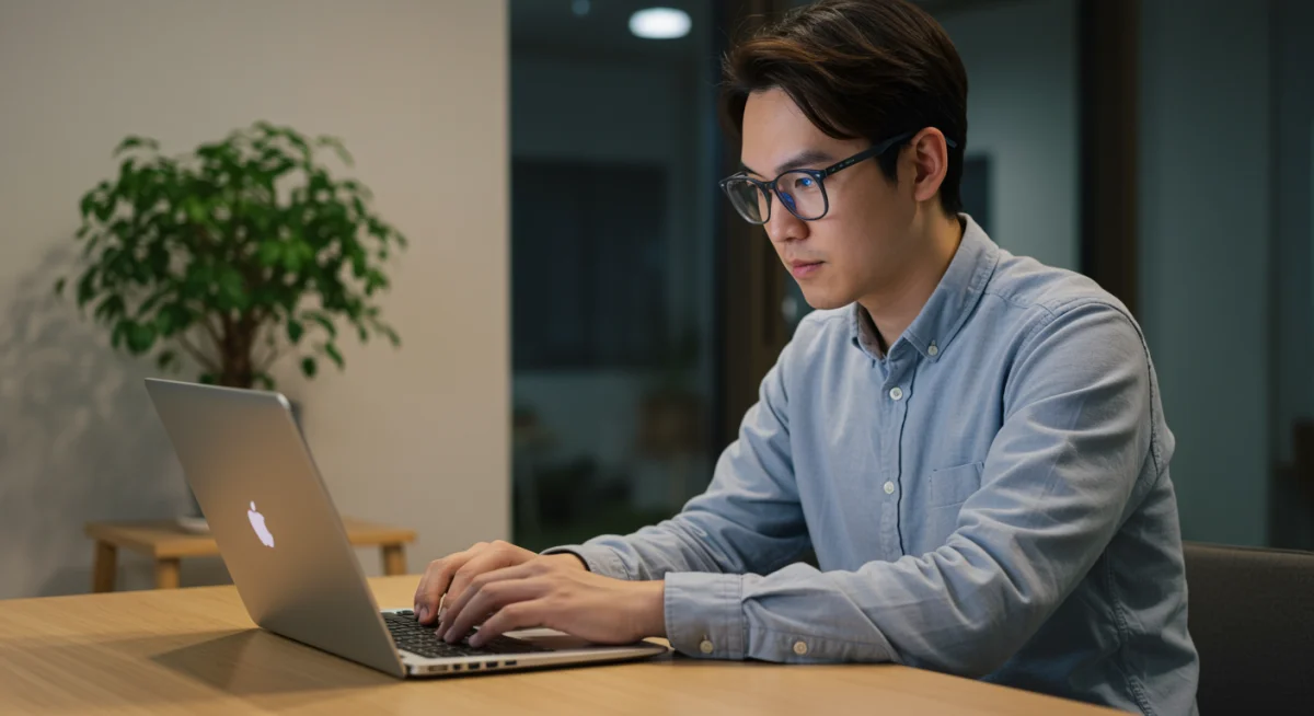 Person wearing blue light glasses working on laptop, protecting eyes from digital strain.