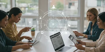 People using digital mental health platforms on various devices