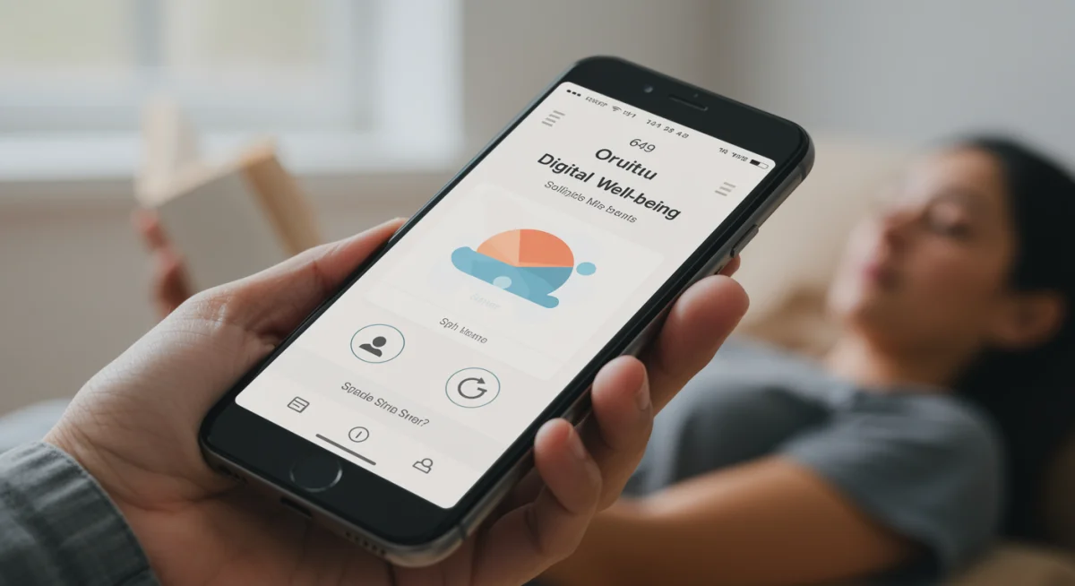 Minimalist digital well-being app interface on a smartphone promoting balanced tech use
