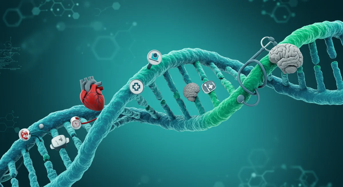 DNA helix integrated with medical symbols, illustrating personalized medicine through genetics.