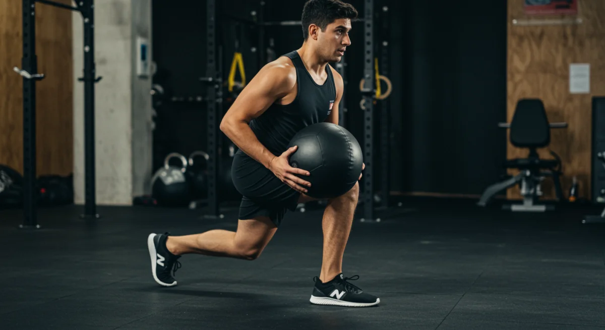 Person performing a dynamic functional movement with a medicine ball.