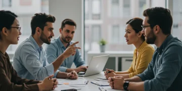 Professionals collaborating effectively, demonstrating emotional intelligence skills in a US office.
