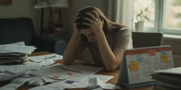 Untreated Anxiety: Financial Impact & $3,000 Annual Savings Distressed person surrounded by financial documents, representing the financial burden of untreated anxiety.