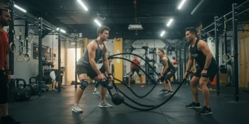 Diverse individuals performing functional fitness exercises in a modern gym.
