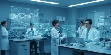 Scientists analyzing genetic data on holographic displays in a modern lab, representing future genomic health.