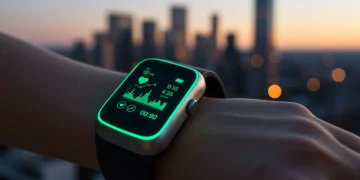 Futuristic wearable health tech device on a wrist displaying health data