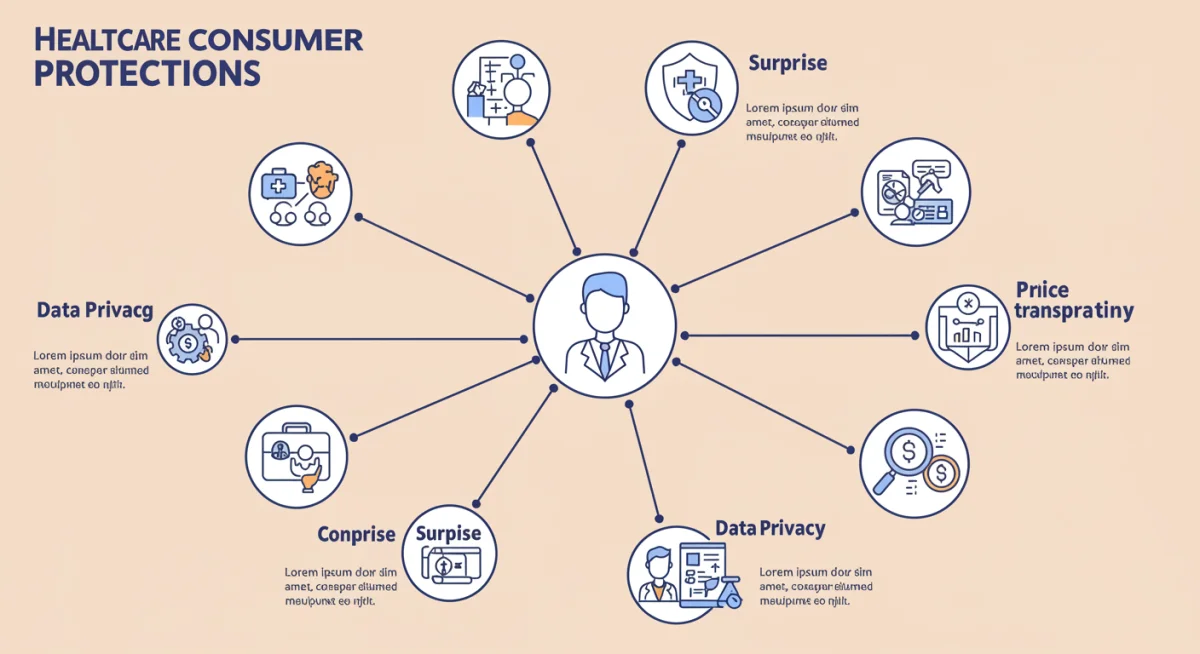 Infographic detailing healthcare consumer protection measures like surprise billing and data privacy