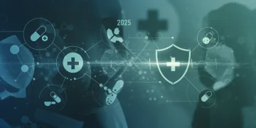 Digital shield protecting medical records, symbolizing healthcare data privacy in 2025.