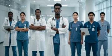 Healthcare professionals collaborating in a modern hospital