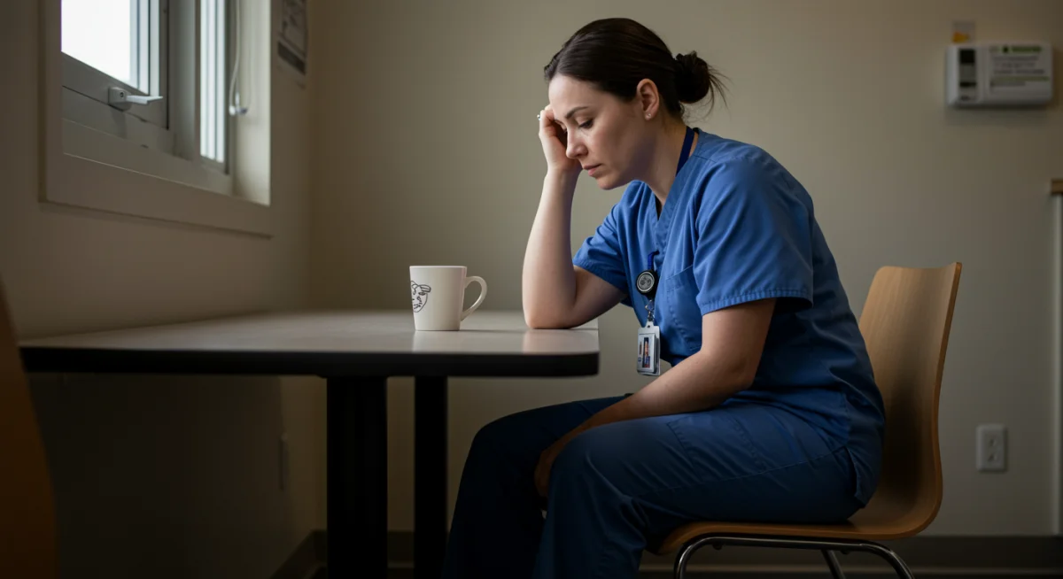 Healthcare worker reflecting in a quiet break room