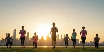 2025 Impact of Lifestyle Medicine on Preventative Health Group practicing healthy lifestyle outdoors, modern city sunrise