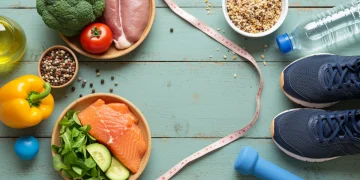 Healthy meal with vegetables and running shoes for diabetes prevention