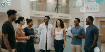 Healthy people discussing flu prevention in a modern clinic lobby