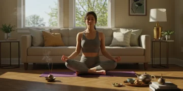 Woman meditating in modern US home, blending ancient and modern wellness