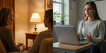 Split screen depicting in-person therapy session and virtual therapy session