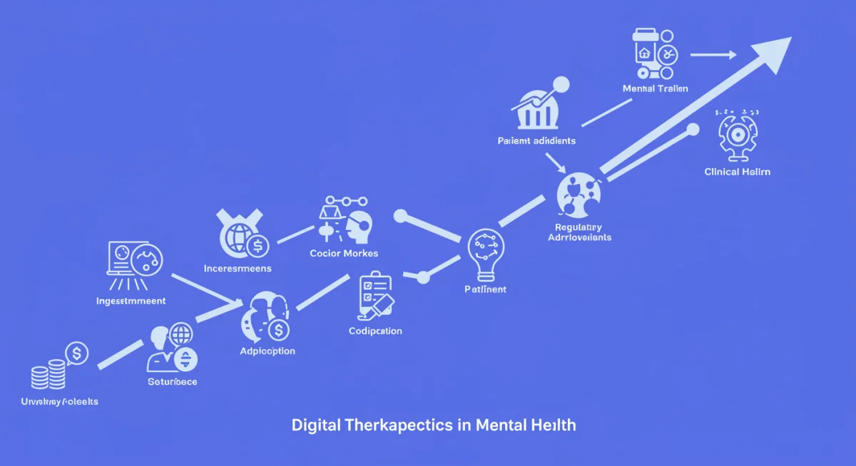 Infographic illustrating market growth factors for digital mental health therapeutics, including investment and patient adoption.