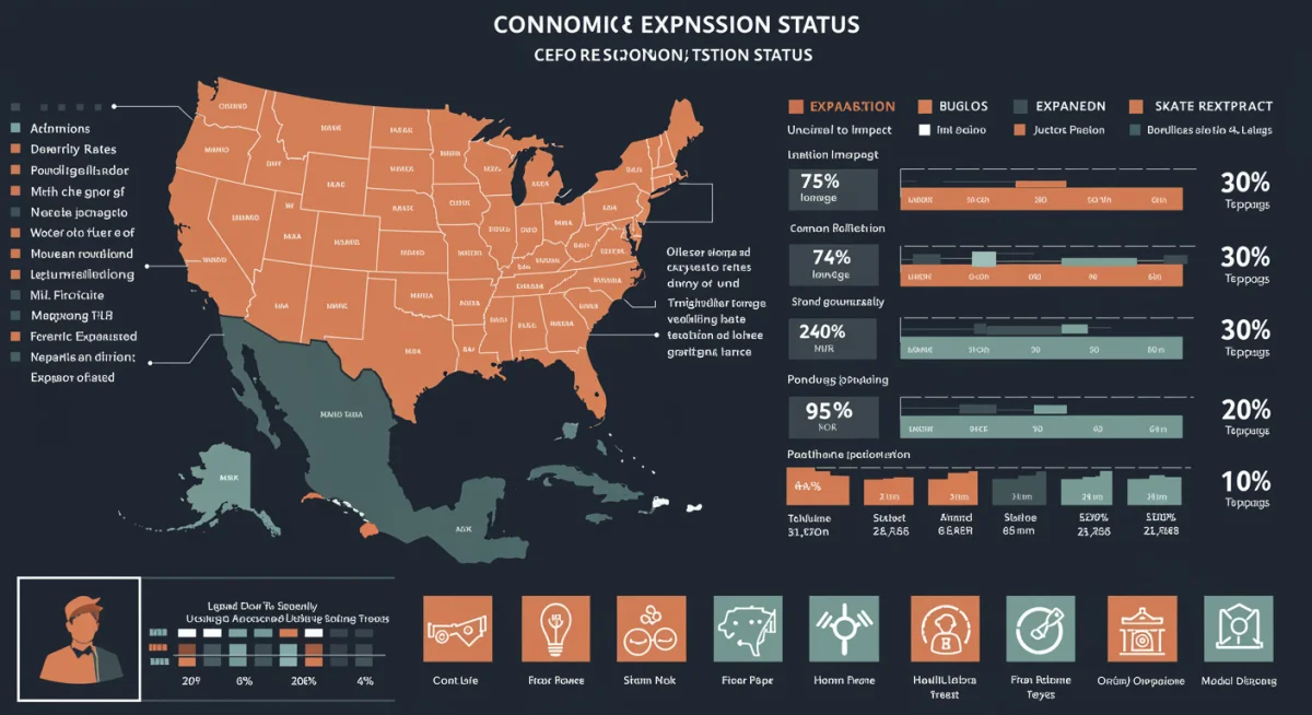 US map illustrating Medicaid expansion status and economic indicators