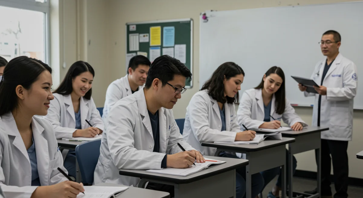 Medical students engaged in active learning in a modern classroom