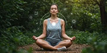 Person meditating with mindful tech overlay, promoting digital detox and mental health