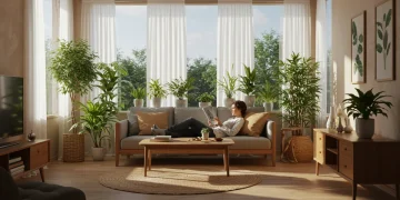 Environmental Wellness: 4 US Trends for Healthier Spaces in 2025 Modern living room with biophilic design elements, indoor plants, natural light, and a person relaxing, representing environmental wellness.
