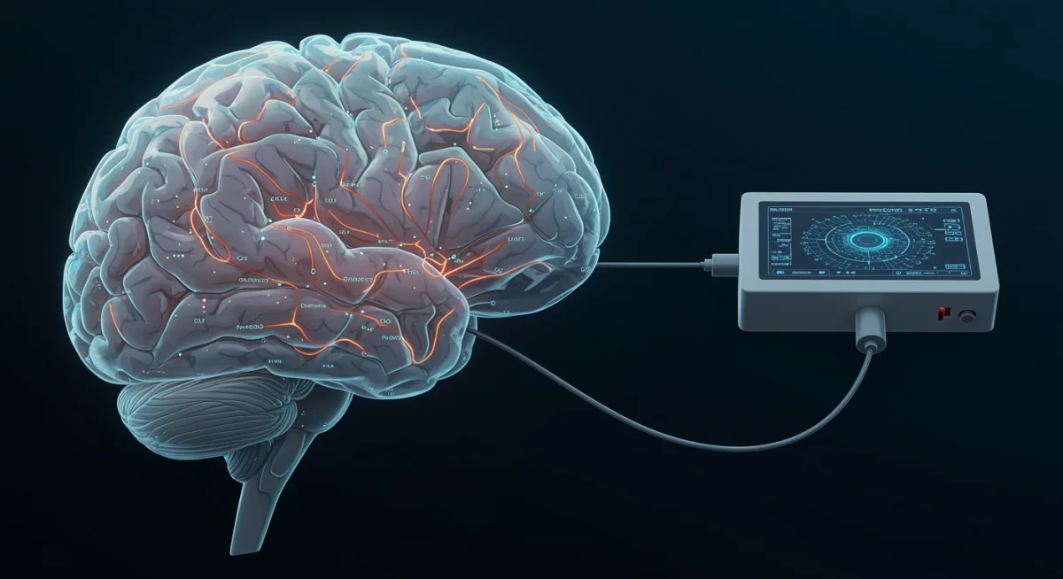 Diagram illustrating brain activity and neurofeedback technology for cognitive enhancement.
