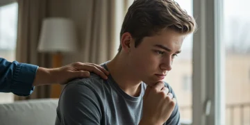 Parent comforting a thoughtful teenager, symbolizing support for adolescent depression.