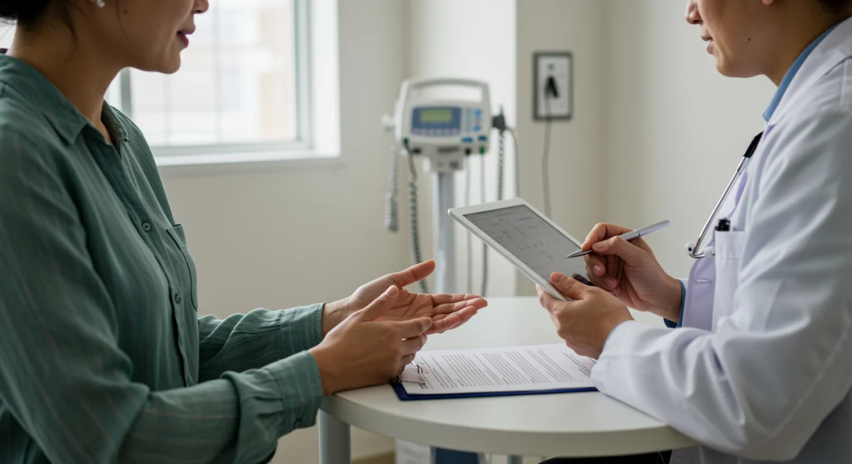 Patient and doctor discussing health during a wellness check-up.