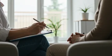 PTSD Treatment: Latest 3-Month Updates & Improved Outcomes Therapist and patient discussing PTSD treatment in a modern, comforting therapy room with gentle lighting.