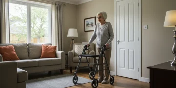 Senior woman safely walking with walker in modified home