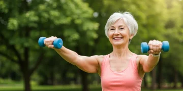 Senior woman actively lifting weights, symbolizing bone health and preventative care