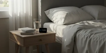 Smart bedroom with dawn light, advanced sleep tracker, and serene atmosphere for optimal rest.