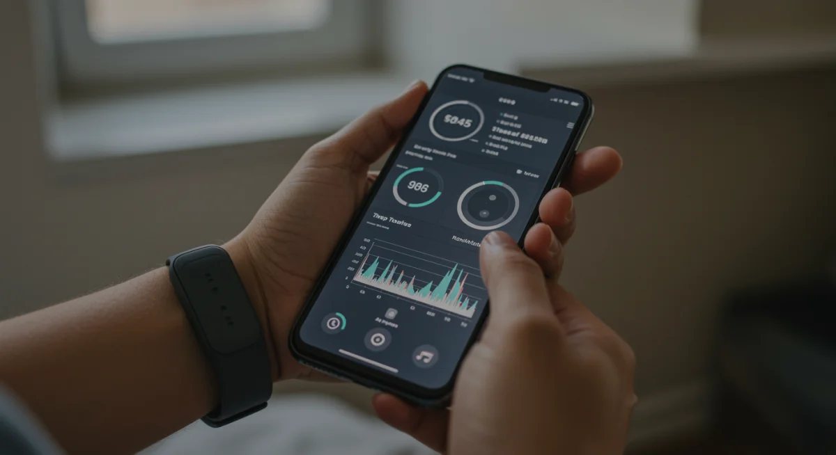 Person analyzing sleep tracking data on a smartphone, showing personalized insights.