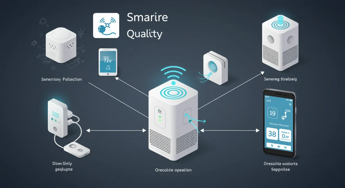 Infographic depicting smart home air quality monitoring system with sensors, purifier, and mobile app interface.