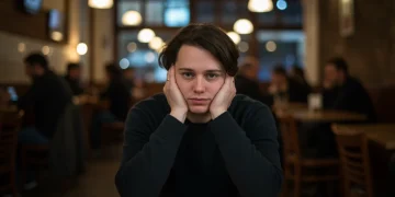 Person contemplating in a busy cafe, representing social anxiety