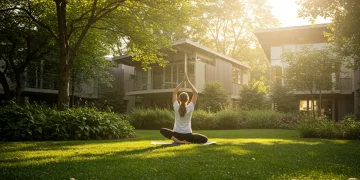 Woman doing yoga in a sustainable outdoor setting, embodying eco-conscious health
