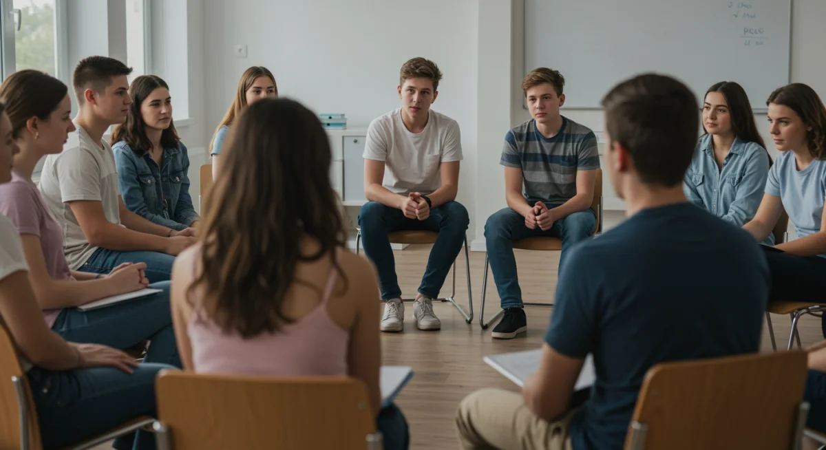 Teenagers participating in a group therapy session for mental health support.